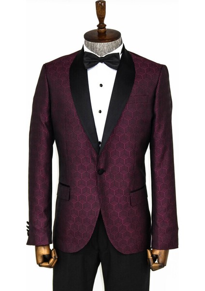 Bordo Beşgen Desenli Smokin Ceket