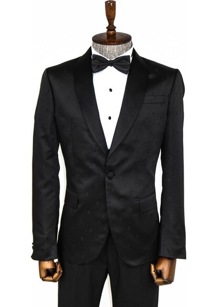 Siyah Nokta Desenli Slim Fit Smokin Ceket