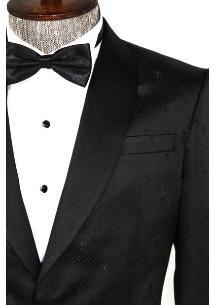 Siyah Nokta Desenli Slim Fit Smokin Ceket