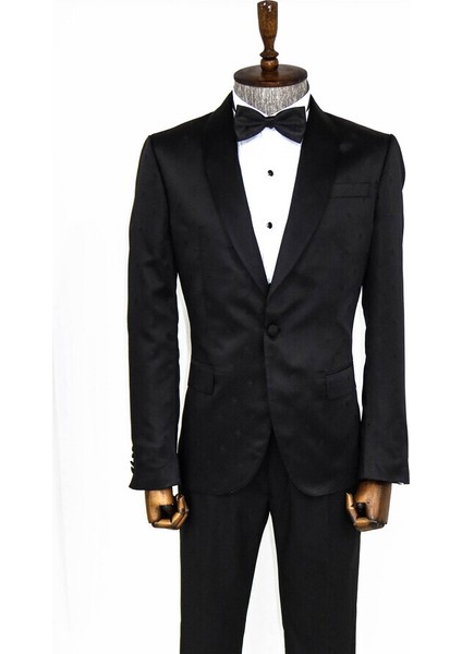 Siyah Nokta Desenli Slim Fit Smokin Ceket