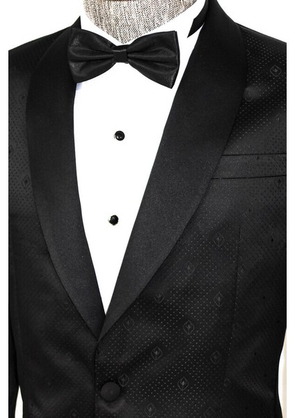 Siyah Nokta Desenli Slim Fit Smokin Ceket