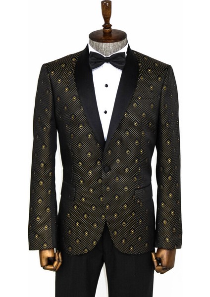 Siyah Üzerine Gold Nokta Desenli Slim Fit Smokin Ceket