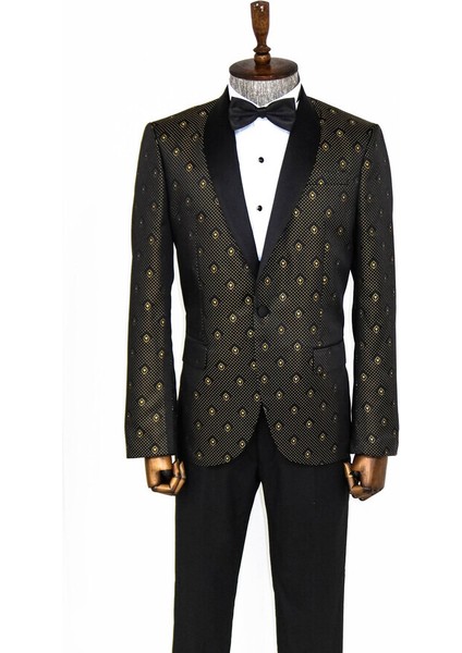 Siyah Üzerine Gold Nokta Desenli Slim Fit Smokin Ceket