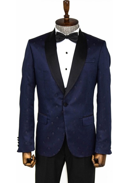Lacivert Nokta Desenli Slim Fit Smokin Ceket