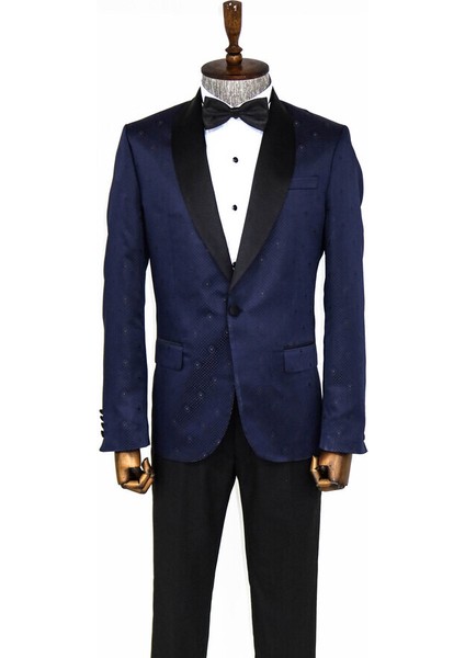 Lacivert Nokta Desenli Slim Fit Smokin Ceket modelleri