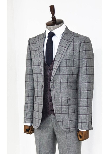 Ekose Ceketli Gri Slim Fit Takım Elbise indirimleri