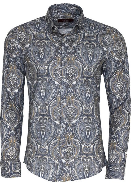 Damask Desenli Mavi Slim Fit Gömlek