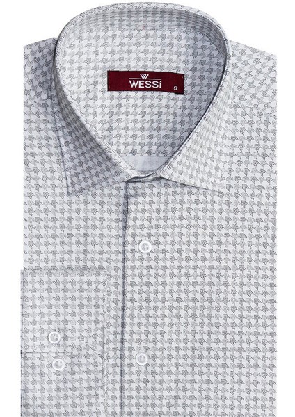 Ekru Kaz Ayağı Desenli Slim Fit Gömlek