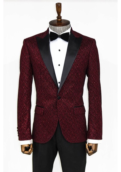Bordo Simli Desenli Smokin Ceketi