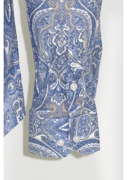 Mavi Damask Desenli Slim Fit Gömlek