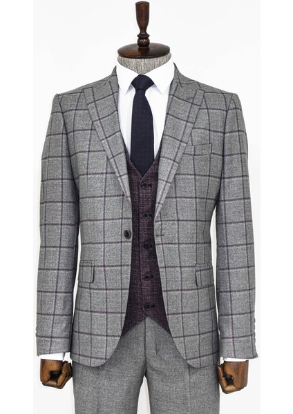 Ekose Ceketli Gri Slim Fit Takım Elbise