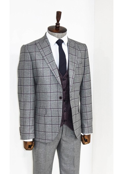 Ekose Ceketli Gri Slim Fit Takım Elbise modelleri