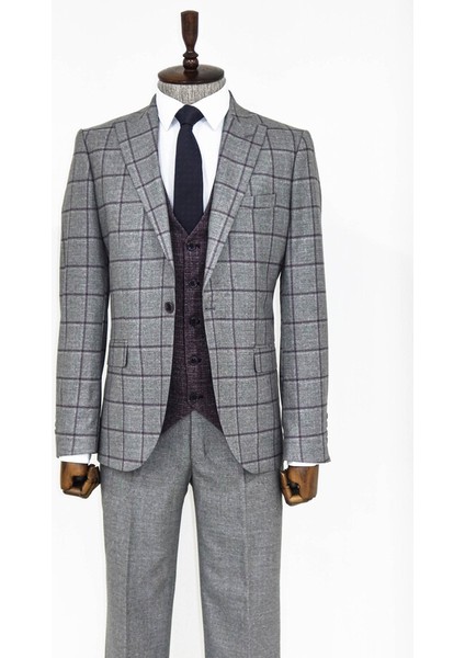 Ekose Ceketli Gri Slim Fit Takım Elbise fırsatları