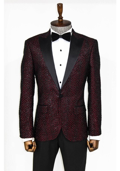 Bordo Kareli Desenli Simli Smokin Ceket
