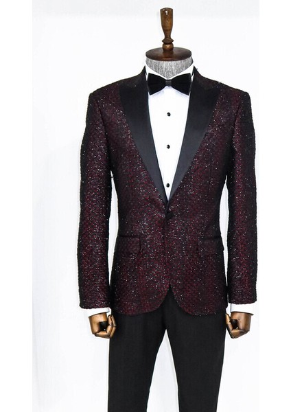 Bordo Kareli Desenli Simli Smokin Ceket fırsatları