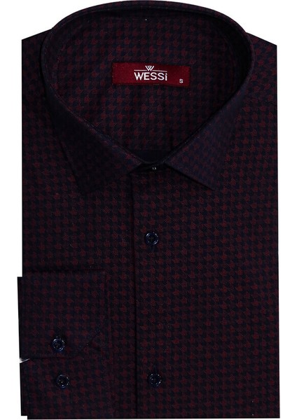Bordo Kaz Ayağı Desenli Slim Fit Gömlek