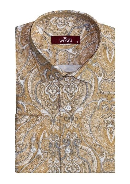 Bej Desenli Slim Fit Gömlek