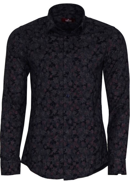 Çiçek Desenli Lacivert Slim Fit Gömlek