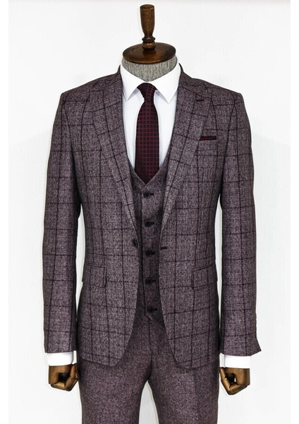Slim Fit Bordo Ekose Takım Elbise