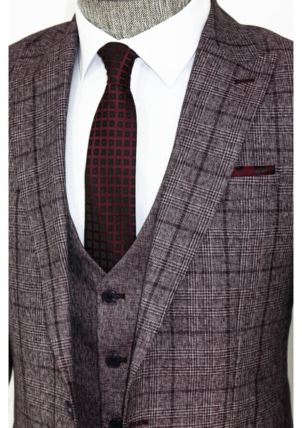 Slim Fit Bordo Ekose Takım Elbise
