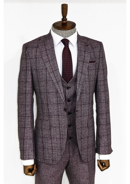 Slim Fit Bordo Ekose Takım Elbise