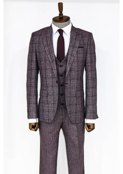 Slim Fit Bordo Ekose Takım Elbise
