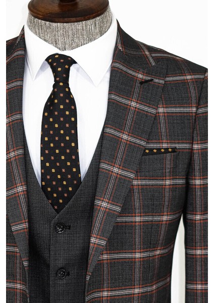 Ekose Desenli Siyah Slim Fit Takım Elbise