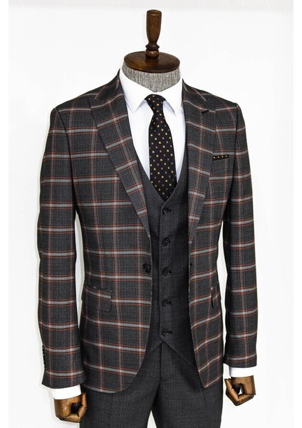 Ekose Desenli Siyah Slim Fit Takım Elbise