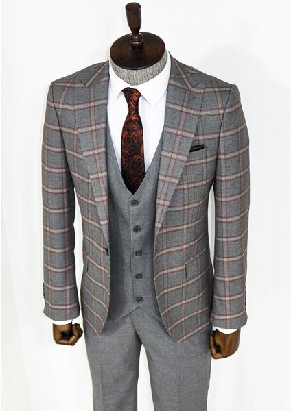 Ekose Desenli Gri Slim Fit Takım Elbise