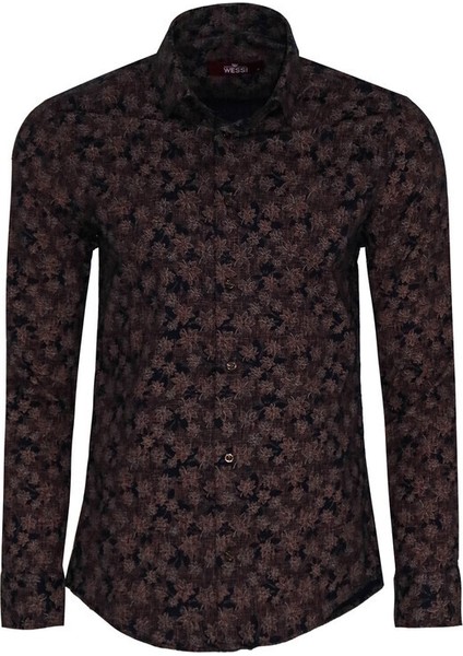Çiçek Desenli Kahverengi Slim Fit Gömlek