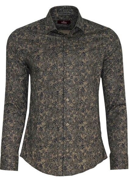 Çiçek Desenli Bej Slim Fit Gömlek