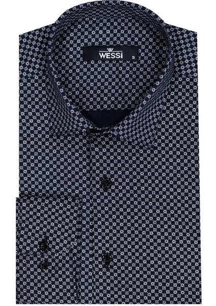 Lacivert Mini Kare Desenli Slim Fit Gömlek fiyatları