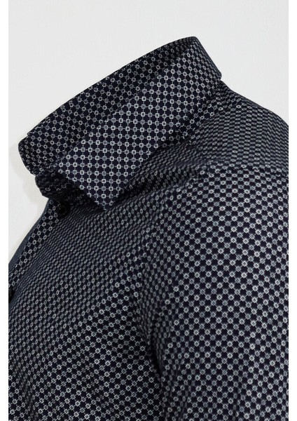 Lacivert Mini Kare Desenli Slim Fit Gömlek modelleri