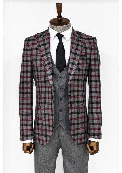 Gri Ekose Ceketli Slim Fit Takım Elbise