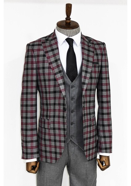Gri Ekose Ceketli Slim Fit Takım Elbise modelleri