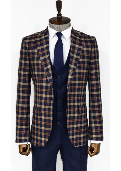 Lacivert Ekose Ceketli Slim Fit Takım Elbise