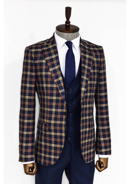Lacivert Ekose Ceketli Slim Fit Takım Elbise modelleri