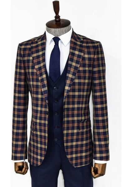 Lacivert Ekose Ceketli Slim Fit Takım Elbise indirimleri