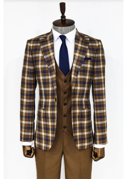 Kahverengi Ekose Ceketli Slim Fit Takım Elbise