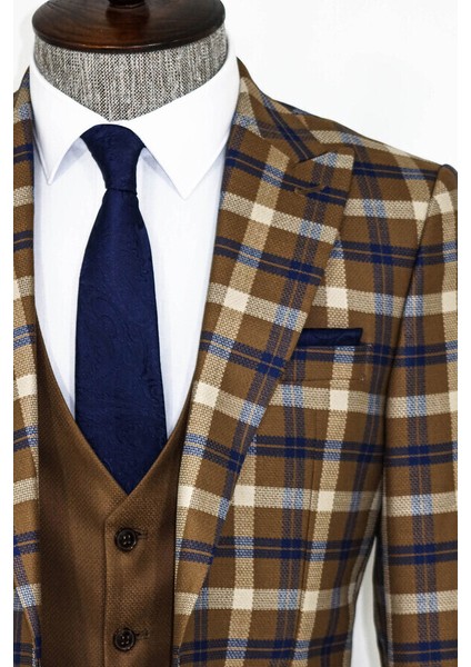 Kahverengi Ekose Ceketli Slim Fit Takım Elbise fiyatları