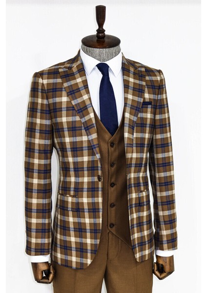 Kahverengi Ekose Ceketli Slim Fit Takım Elbise modelleri