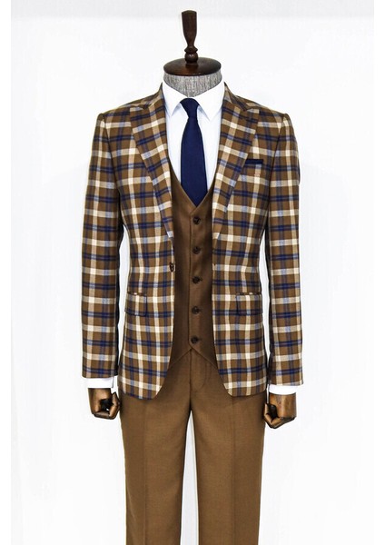 Kahverengi Ekose Ceketli Slim Fit Takım Elbise fırsatları