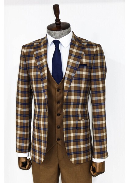Kahverengi Ekose Ceketli Slim Fit Takım Elbise indirimleri