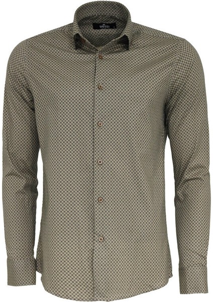 Açık Kahve Mini Kare Desenli Slim Fit Gömlek