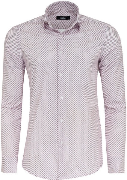 Açık Bordo Mini Kare Desenli Slim Fit Gömlek