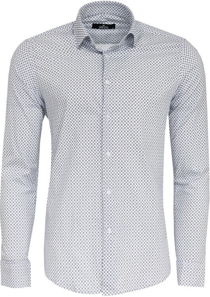 Beyaz Mini Kare Desenli Slim Fit Gömlek