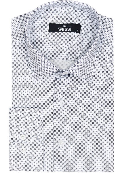Beyaz Mini Kare Desenli Slim Fit Gömlek fiyatları