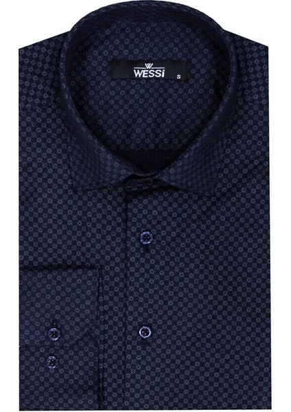 Koyu Lacivert Mini Kare Desenli Slim Fit Gömlek fiyatları