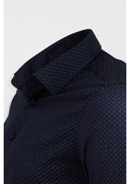 Koyu Lacivert Mini Kare Desenli Slim Fit Gömlek modelleri