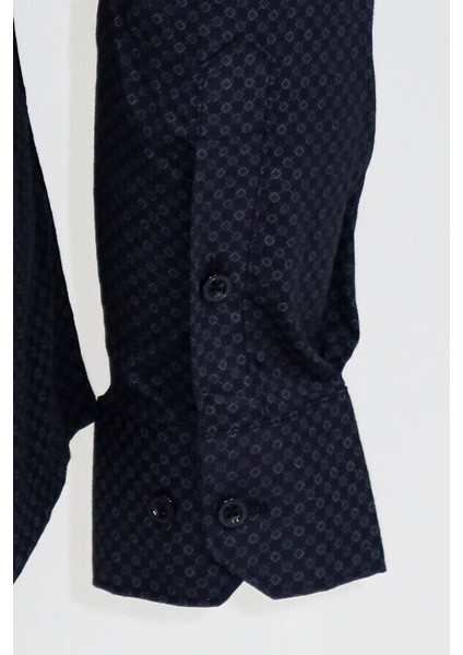 Koyu Lacivert Mini Kare Desenli Slim Fit Gömlek fırsatları